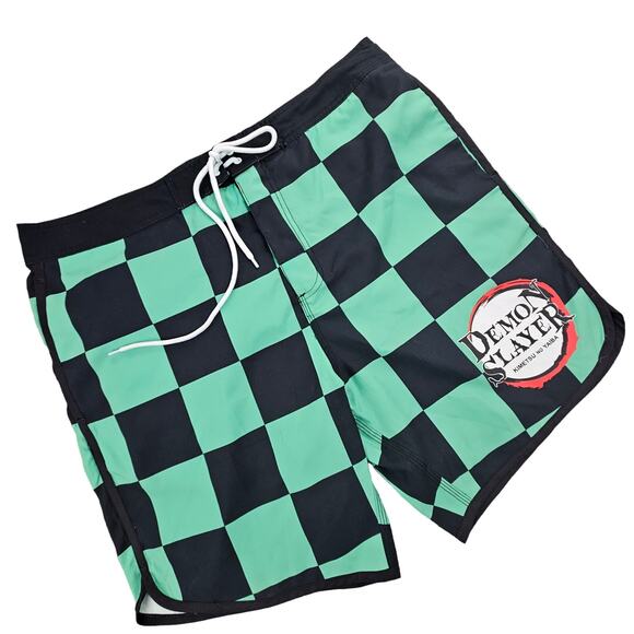 Hot Topic Swim Trunks Demon Slayer Mens Board Short XL Check Black Green NWT - Picture 2 of 10